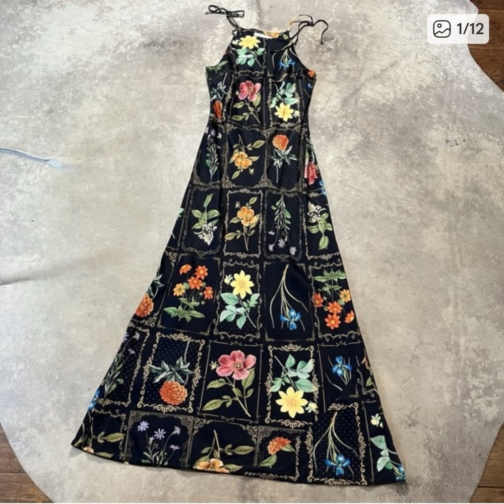 Anthropologie Dress Womens Size XS Black Multi Tie Neck Column Midi